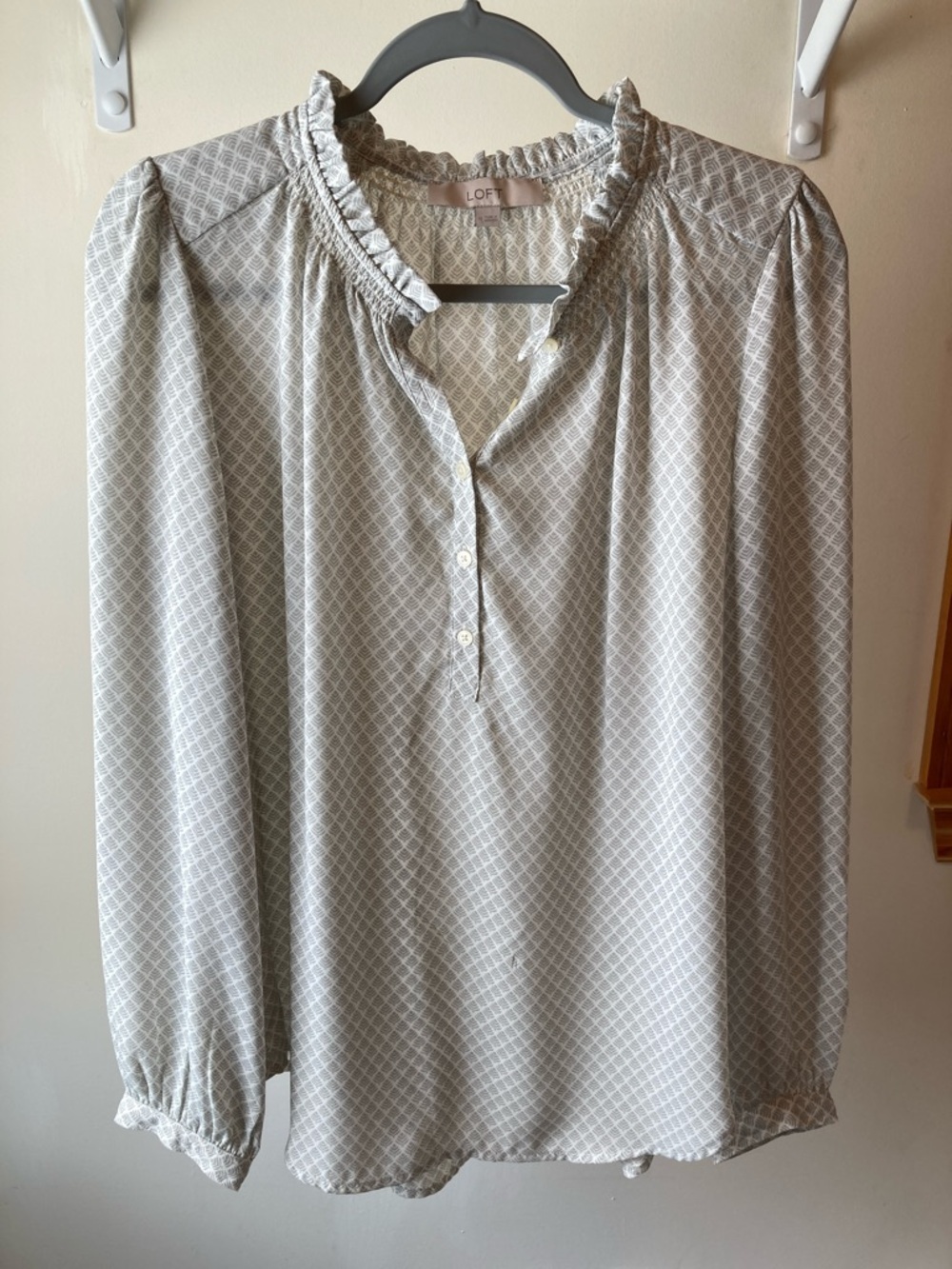 LOFT Light Gray Geometric Ruffle Neck Blouse